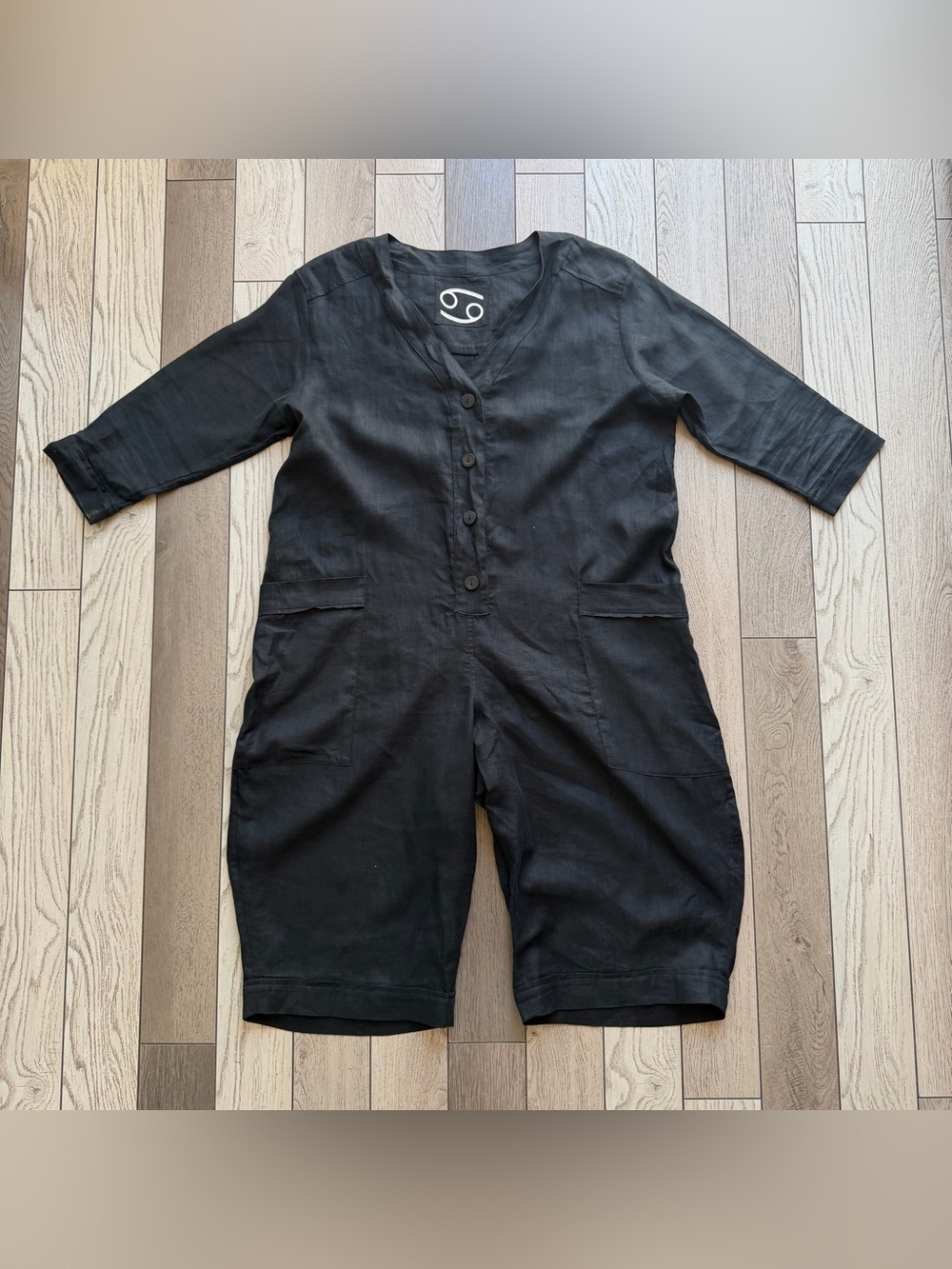 69 Six Nine Women’s Black 100% Linen jumpsuit romper oversized made in USA XS/S